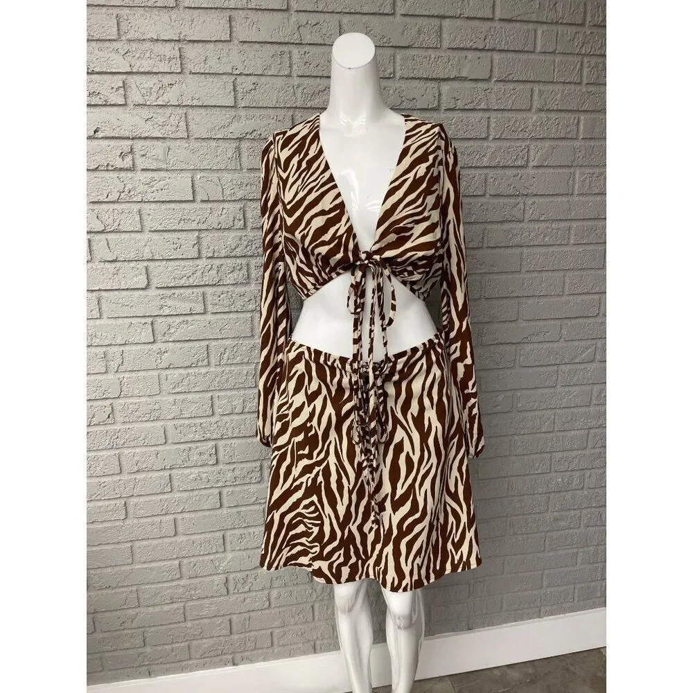 Style Rack Women's Brown / Cream Zebra Print 2 PCS Tie Top Skirt Set Size L NWT